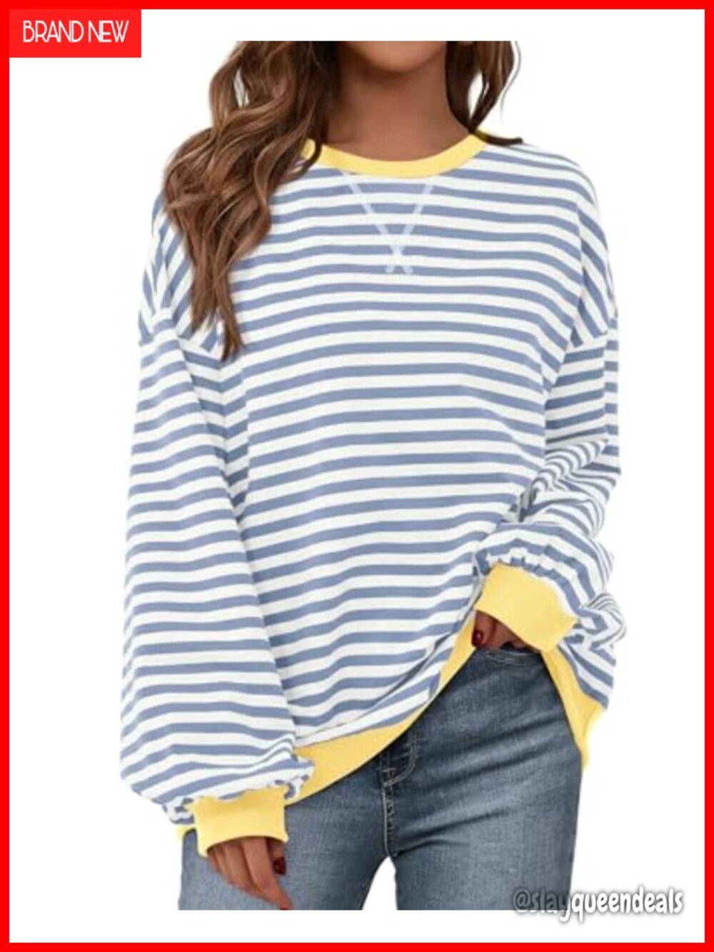 Oversized Striped Crewneck Lantern Sleeve Sweatshirt Womens Pullover
